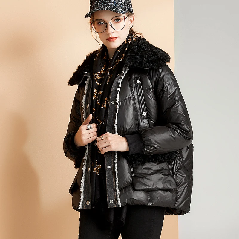 Женский пуховик с натуральным мехом Janveny зимняя короткая пуховая куртка на 90%