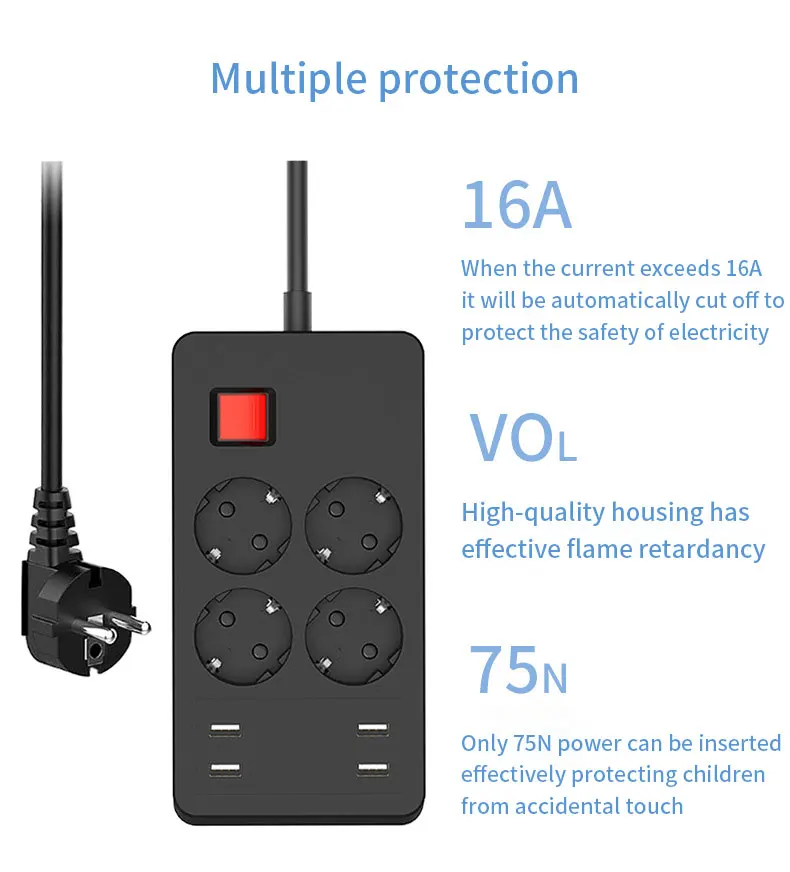 

TESSAN EU Fireproof Material Power Strip Universal Socket Home Office Surge Protector with 1.5M Extension Cord 4 AC and 4 USB