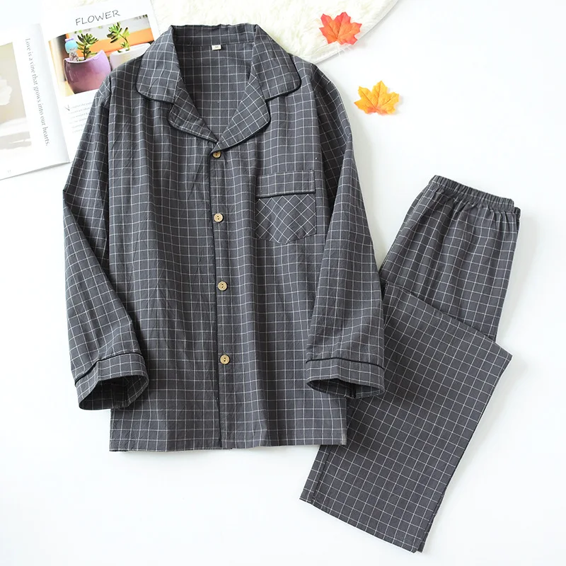 

New Water-washed Cotton Long Sleeved Trousers Mens Pajamas Spring and Autumn Lapel Pure Cotton Pijama Mans Nightwear Sleepwear