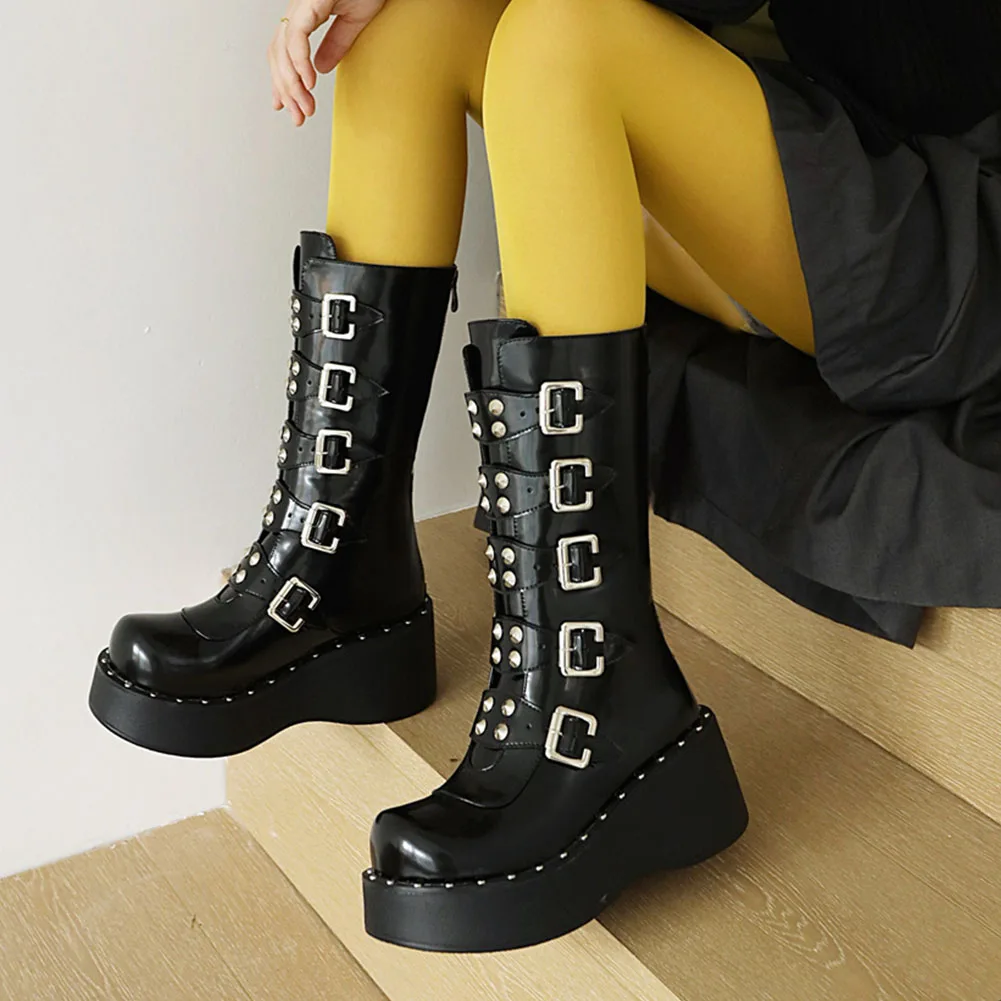 

Женские мотоциклетные ботинки на танкетке, с металлической пряжкой