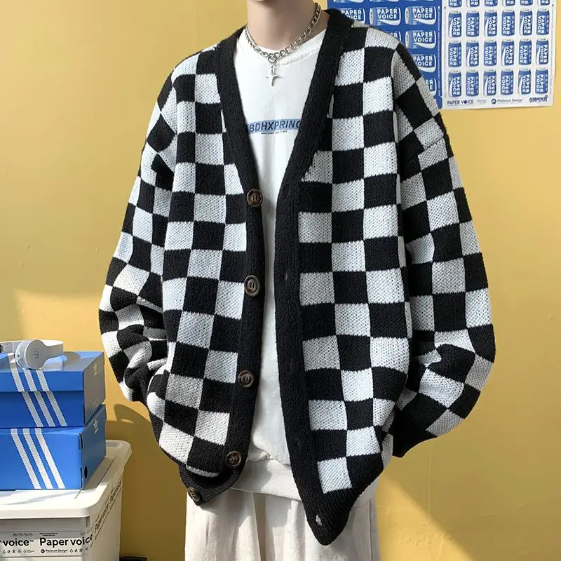 

Men's Sweater Cardigan Autumn New Checked Cardigan Sweater Couples Sweater Coat Men's And Women's Casual Sweater Korea