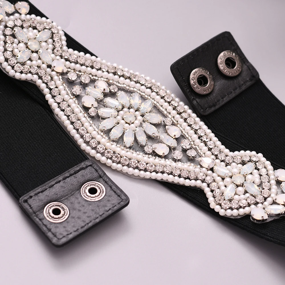 

TRiXY S284 Elastic waist belt wide women's cummerbund decoration milk rhinestone belt black bridal belt sequin beaded belts
