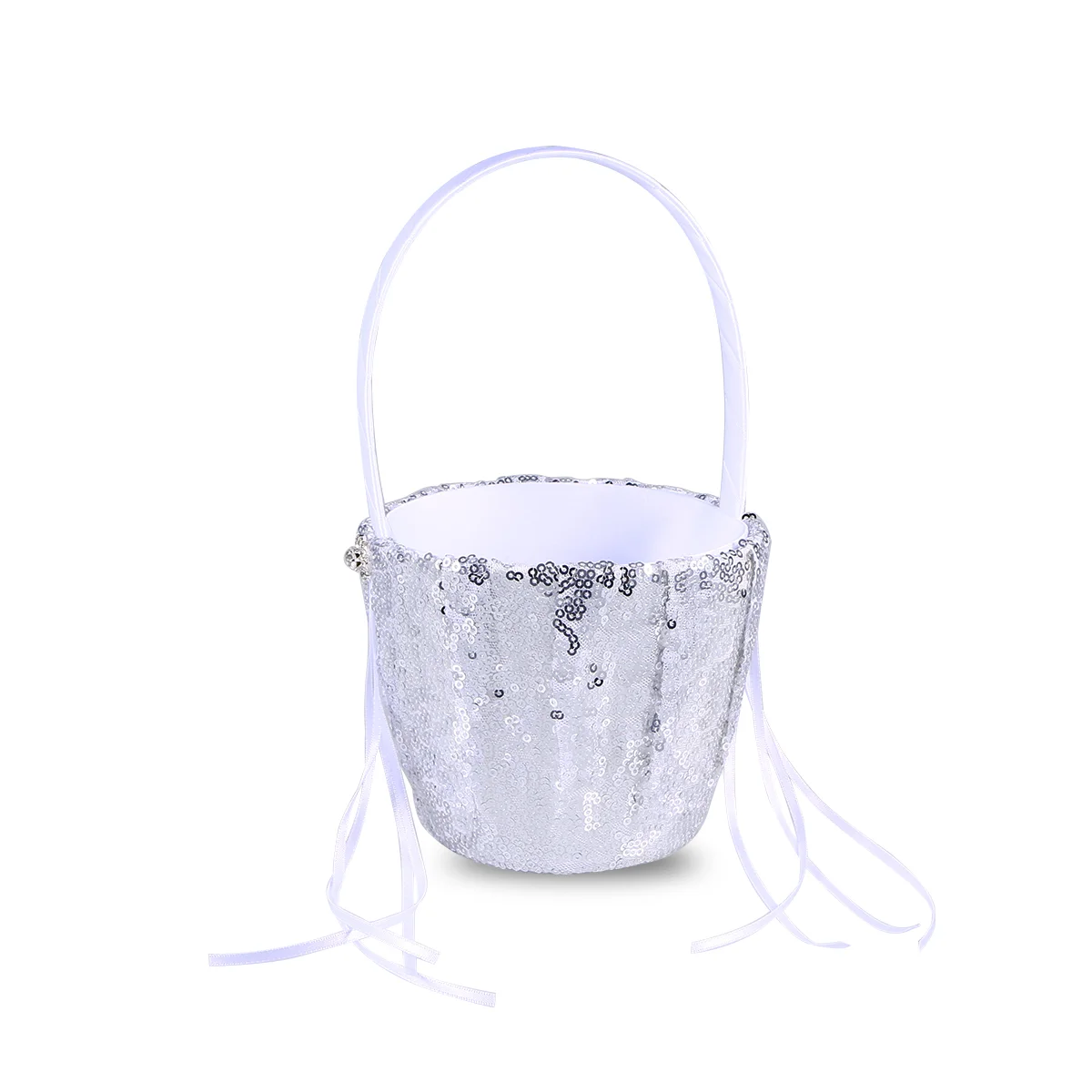 

Vintage Wedding Flower Girl Basket with Sequins Ribbon Decor Silver