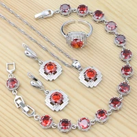 silver 925 jewelry set for women round red garnet ring earrings bracelet pendant chain square jewelry