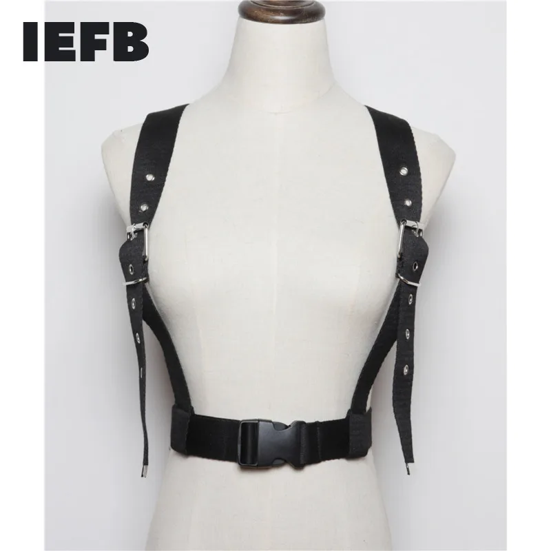 IEFB 2023 Men's Fashion Punk Style Cool Handsome Decorative Fabric Airhole Black Adjustable Waistband Connection Belts 9D0048