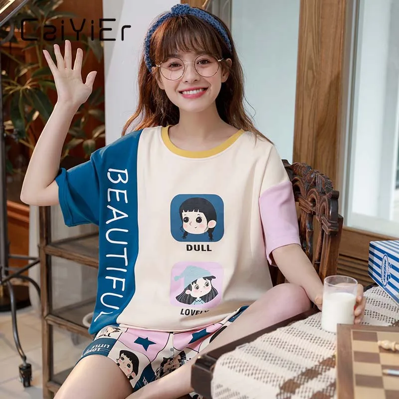 CAIYIER New Summer Short Sleeve Women Pajama Set Cute Cat Print Cartoon Home Clothes 2Pcs Sleepwear Female Shorts Loose Nighties