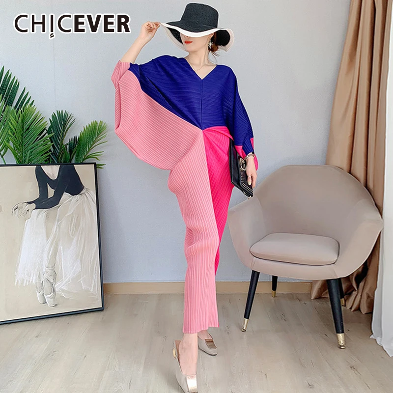 

CHICEVER Pullover Sheath Dress For Women V Neck Three Quarter Sleeve High Waist Patchwork Hit Color Ankle Length Dresses Females