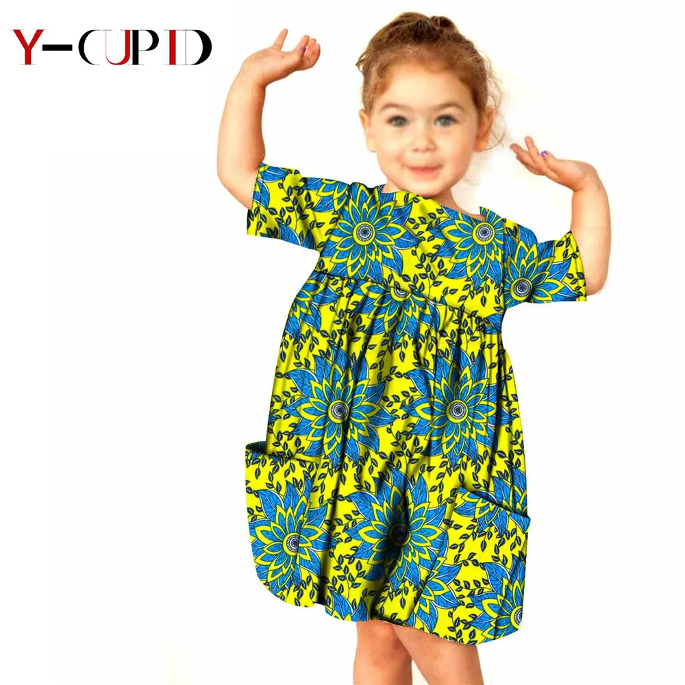 

Kids African Clothing 100% Cotton Casual Girls Ankara Print Loose Dresses with 2 Pockets Bazin Riche Children Outfits YS194006