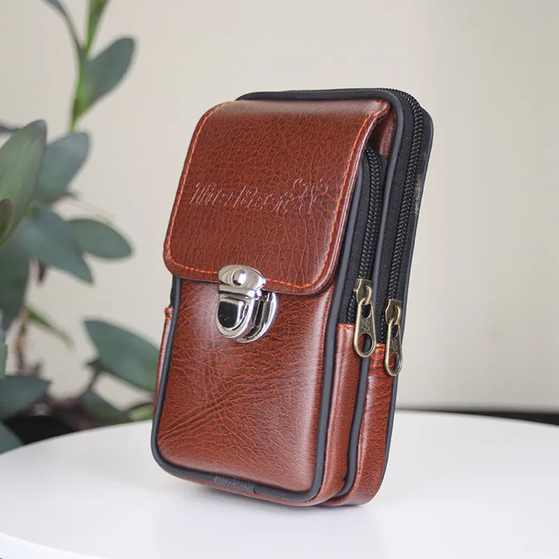 Мужская поясная сумка из кожи прочная с замком многофункциональная холщовая на