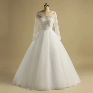 White Lace Bride Wedding Dresses Floor Length Long Sleeve Beautiful Decorative Pearl Simple A-Line Wedding Dresses