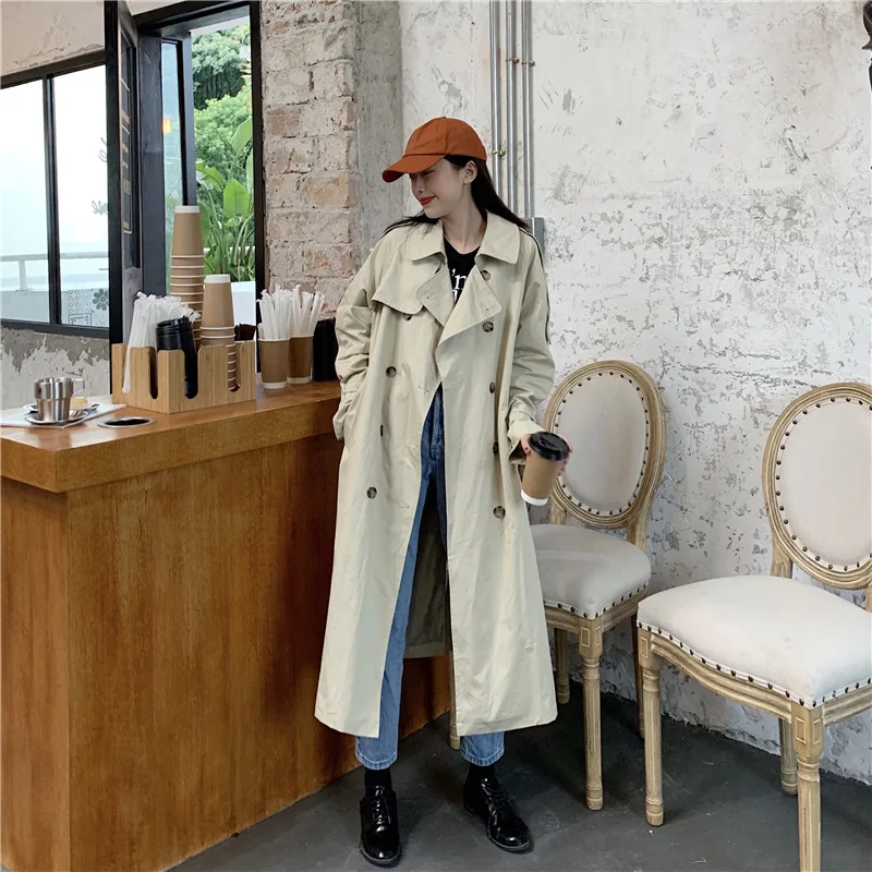 

2021 Autumn Spring Korean Trench Coat Women Loose Oversize Long Coat Fall Female Windbreaker Double Breasted