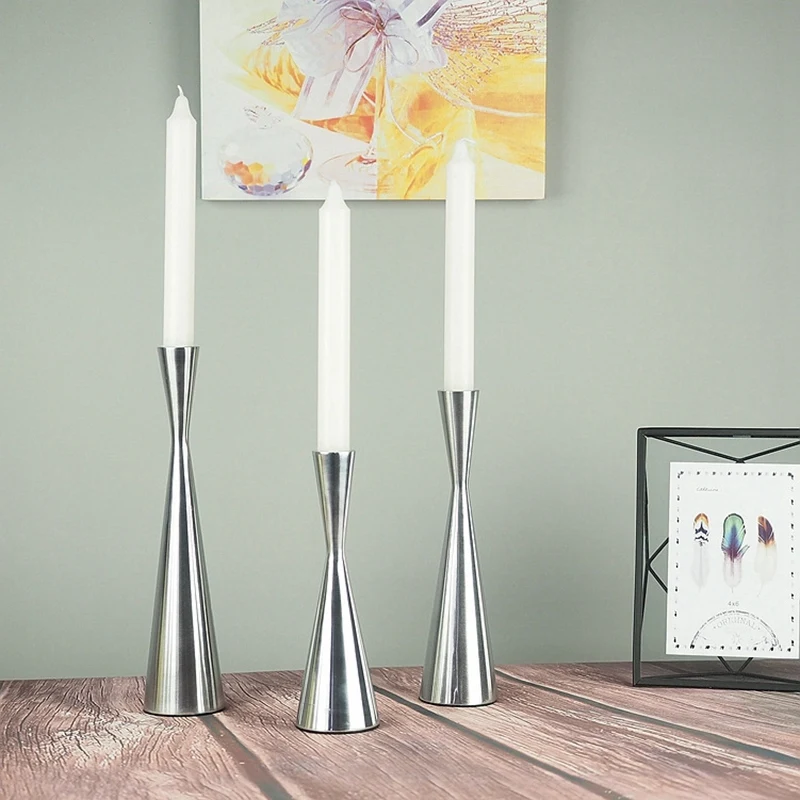 Набор из 3 серебристый матовый металлический подсвечники конические винтажные