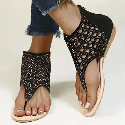 

2021 Women Casual Simple Artificial Suede Hollow-out Rhinestone Thongs Flat Sandals 1kb162