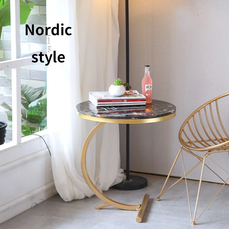 

Marble Round Coffee Tables Nordic Post-modern Light Luxury Living Room Gold Side Table Simple Wrought Iron Small Apartment