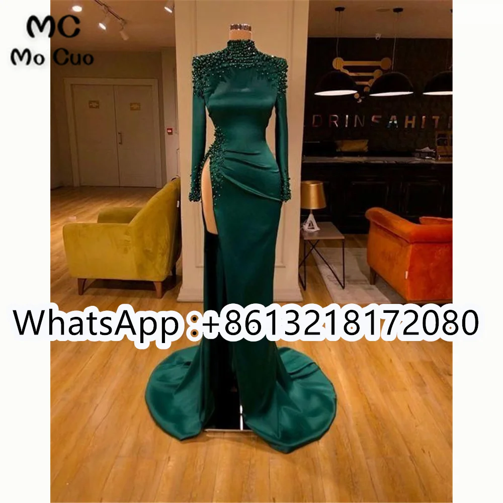 

2021 Teal Prom Evening Dresses Long with Pleat Long Sleeve Court Train Silk Satin Robe De Soiree Party Prom Gown