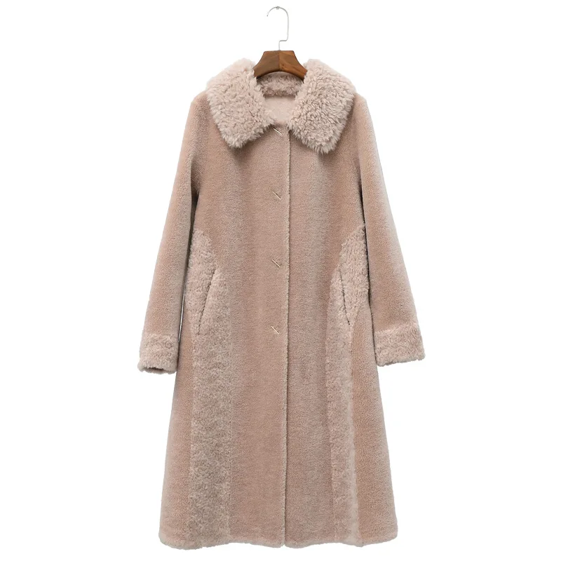 

Winter 2021 New Grain Sheep Shearing Fur Coats Women Real 100% Wool Fur One Turn Down Collar Long Jackets Warm Thick Overcoats