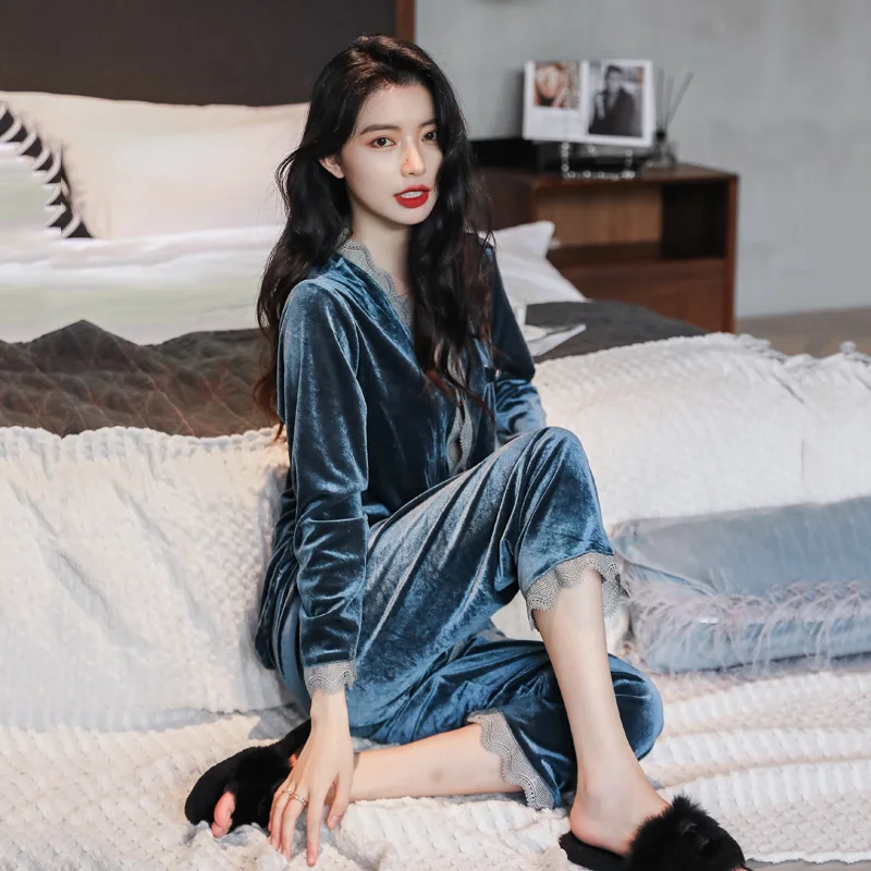 Women Velvet Pajama Set Elegant Glossy Velour Lace Sleepwear Long Sleeve Top and Pants Nightwear Ladies Homewear loungewear