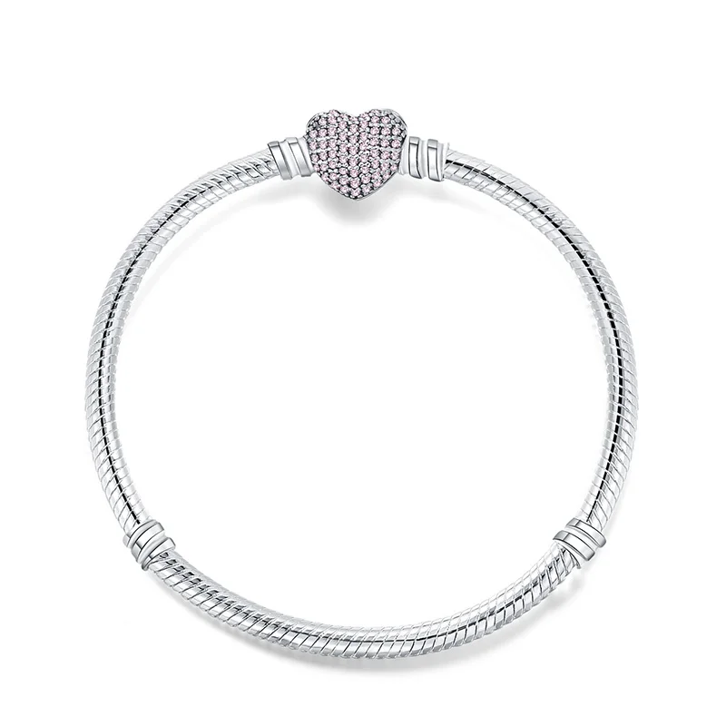 

925 Sterling Silver Pink Color Charm Basic Bracelets For Women Crystal Clip Snake Chain Bracelet For Women Wedding Jewlery