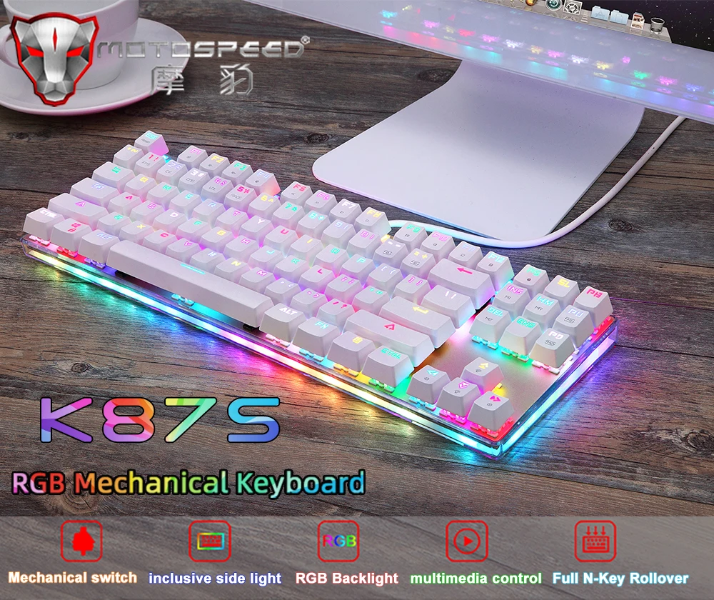 Original Подлинная Motospeed K87S Игровая механическая клавиатура 87 клавиш Красный / Синий переключатель RGB Подсветка LED Антибликовая USB Проводная английская / русская клавиатура для геймеров