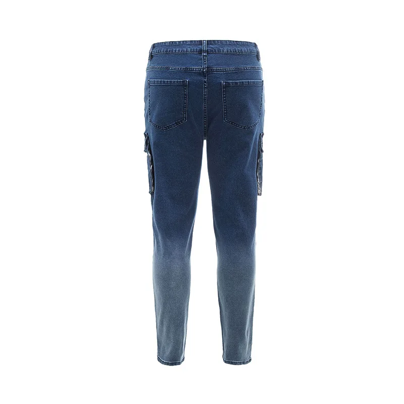 

European men's holed jeans pants Multi Pocket slim small leg overalls new in autumn and winter