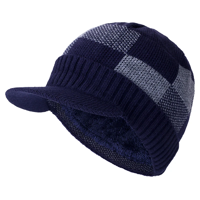 Высококачественные хлопковые зимние шапки с меховыми полями Skullies Beanies, шапка для мужчин и женщин, шерстяные шапки, маска Gorras Bonnet, вязаная шапка - Цвет: dark blue