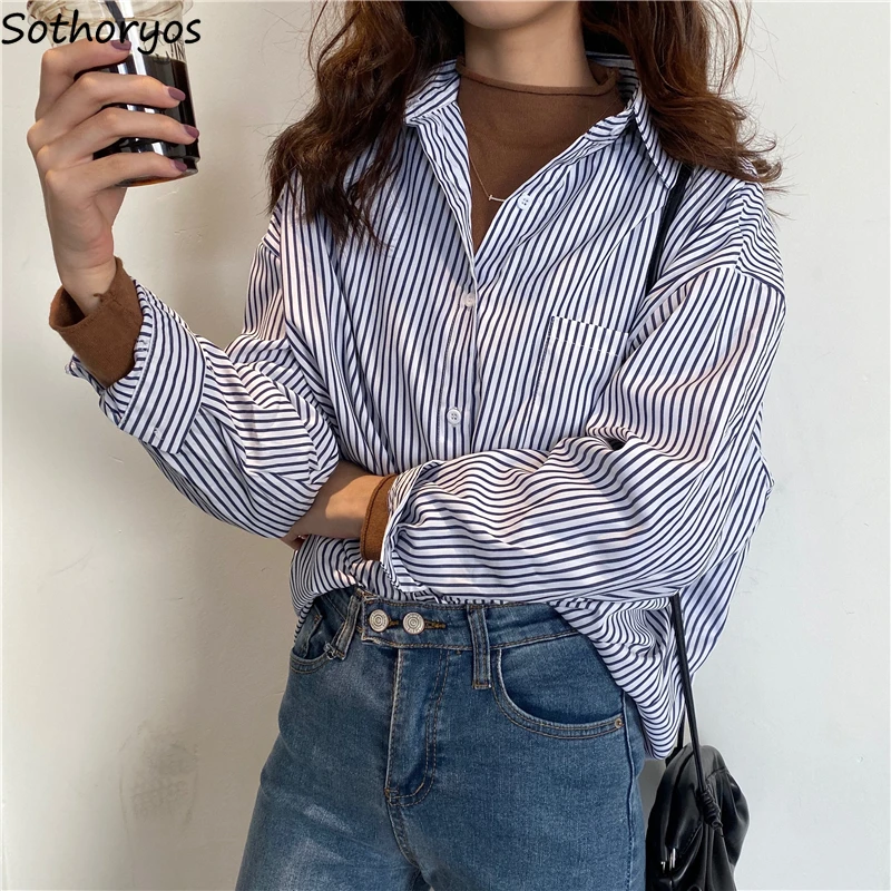 

Women Shirts Spring Autumn Womens Outwear Simple Striped All-match Basic Office BF Loose Korean Fashion Ulzzang Streetwear Daily