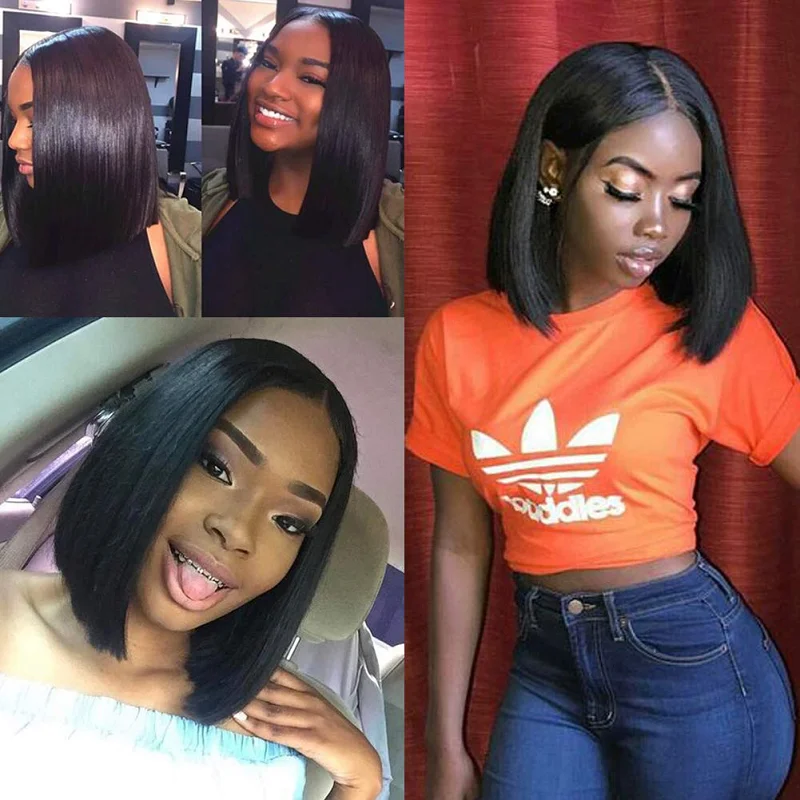 Short Bob Wigs Brazilian Lace Front Human Hair Straight Cut Remy Pre Plucked Middle Part For Women | Шиньоны и парики