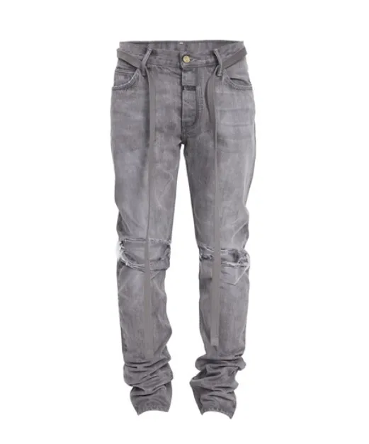 High Quality 4 Season  Dark Gray Color Ripped Side Zipper Ribbon Washed Jeans MEN Fashion