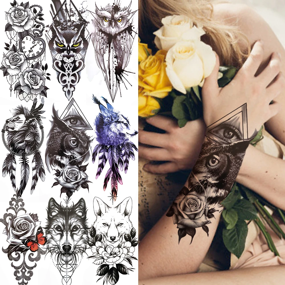 

Wise Owl Eye Temporary Tattoo Black Lion Wolf Butterfly Tattoos Sticker For Women Men Kids Adult Fake Feather Flower Tatoo Decal
