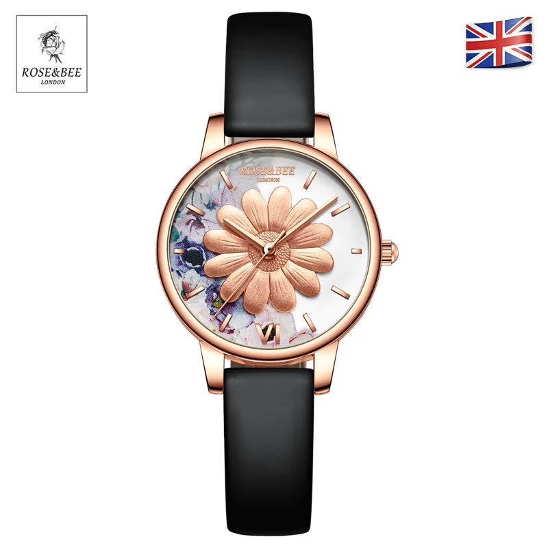 

Chrysanthemum Flowers Garden Fashion Ladies Wristwatches Black Leather Rose Gold Case Japan Quartz Wrist Watches for Women