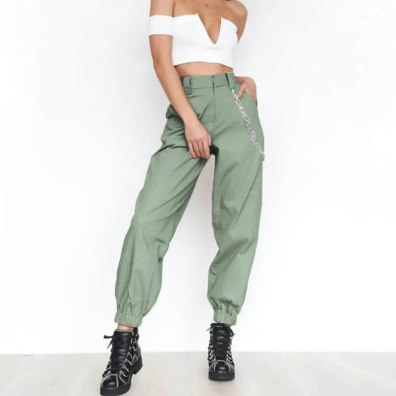 

New ladies fashion personality solid color spring and autumn women's sports and leisure harem pants wide leg pants belt chain