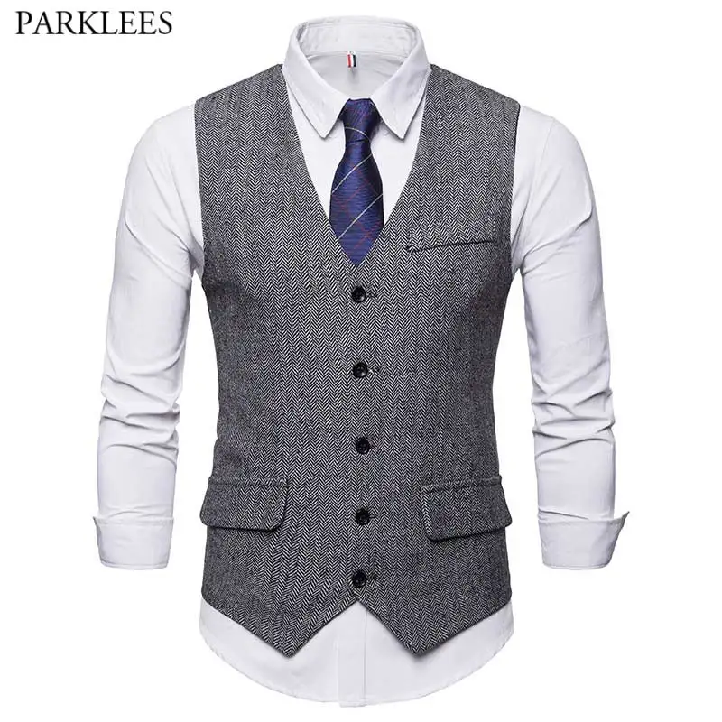 Chaleco de traje de Tweed en espiga para hombre, ropa sin mangas de corte ajustado, Vintage, color gris, vestido británico, novedad de 2021