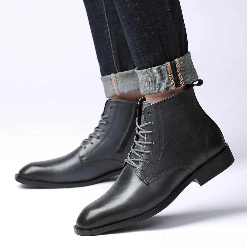 Ботинки мужские из натуральной кожи теплые полусапожки мех зимняя обувь большие