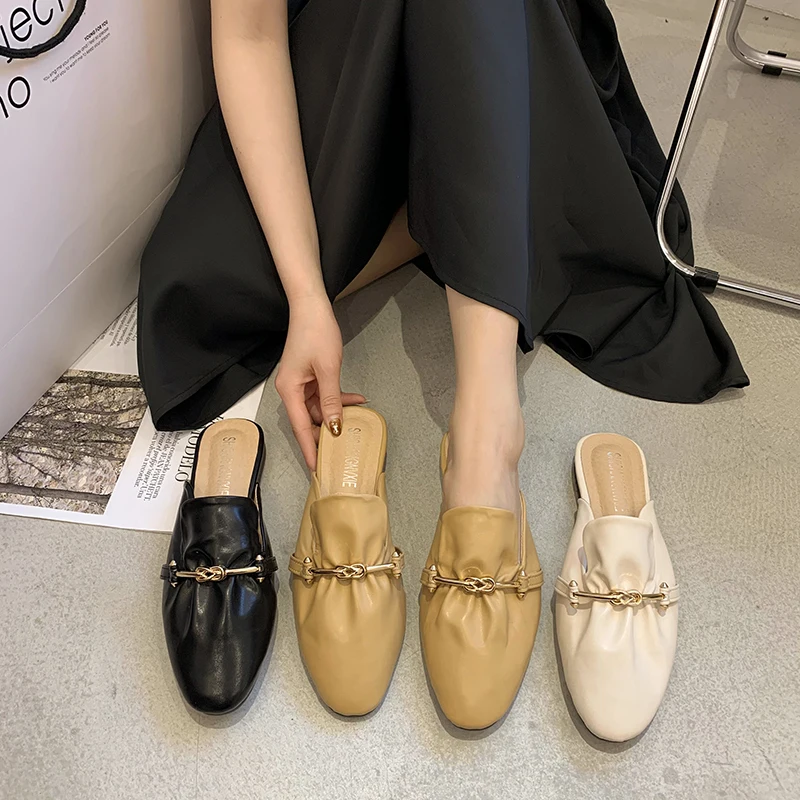 

Cover Toe Slippers Casual Low Female Shoes Slides Loafers Square heel Luxury 2021 Soft Flat Block Rome Rubber Fashion PU Basic