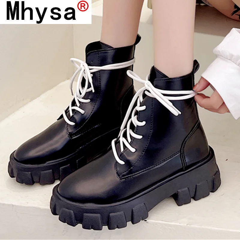 

Новинка осени 2021, модные женские ботильоны из искусственной кожи на платформе, женские полусапожки на шнуровке с круглым носком и квадратны...