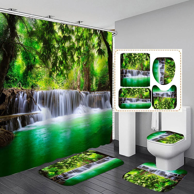 

Waterfall Tree Lake 3D Scenery Waterproof Shower Curtain Bathroom Landscape Flower Bath Mat Set Pedestal Rug Lid Toilet Cover