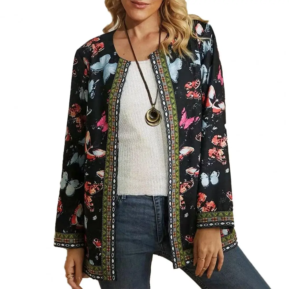 

Hot！Women's Coat Winter/Autumn 2022 Soft Butterflies Print O Neck Autumn Winter Loose Crew Neck Cardigan Coat for Daily Wear