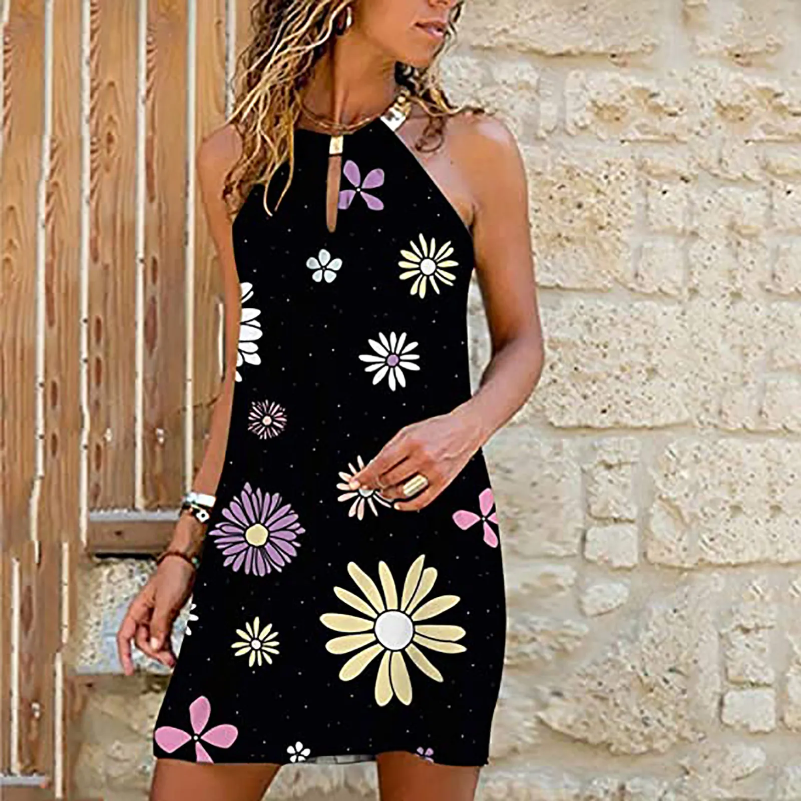 

2021 Women Dress Summer Casual Fashion Sexy Metal Hanging Neck Flowers Print Summer Women Sleeveless Mini Dress vestido mujer