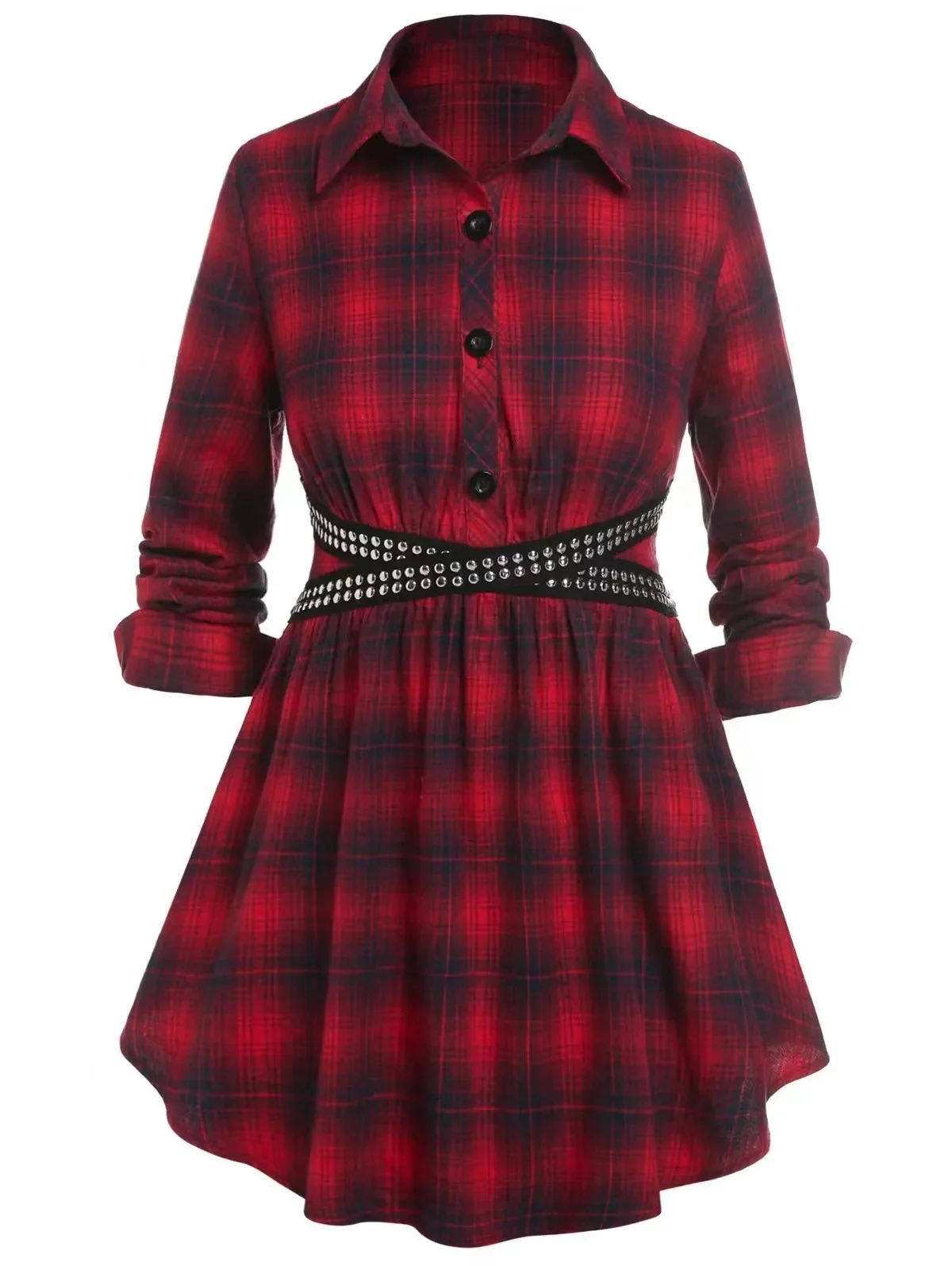 

Autumn Women's Red Plaid Printing Shirt Dress 2021 Fashion Casual Elegant Long Sleeve Shirts Short Dress + Belt