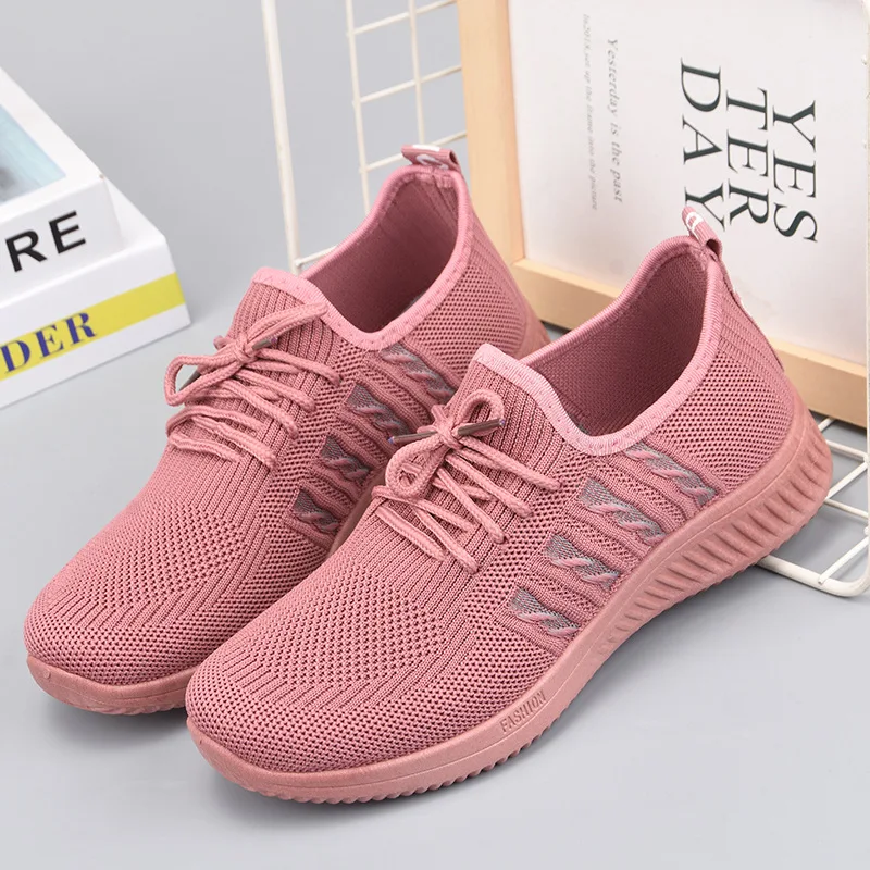 

Women's Stretch Fabric Sneakers Ladies Lace-up Mesh Breathable Fashion Casual Shoes Tennis Shock Cushion Zapatillas Mujer 2021
