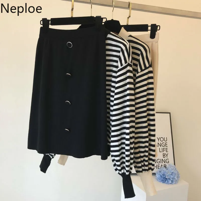 Neploe, маленький аромат, Chandal Mujer, винтажный, для взрослых, полосатый, вязаный, Женский комплект, Осень-зима, короткий кардиган+ широкие штаны, 46470