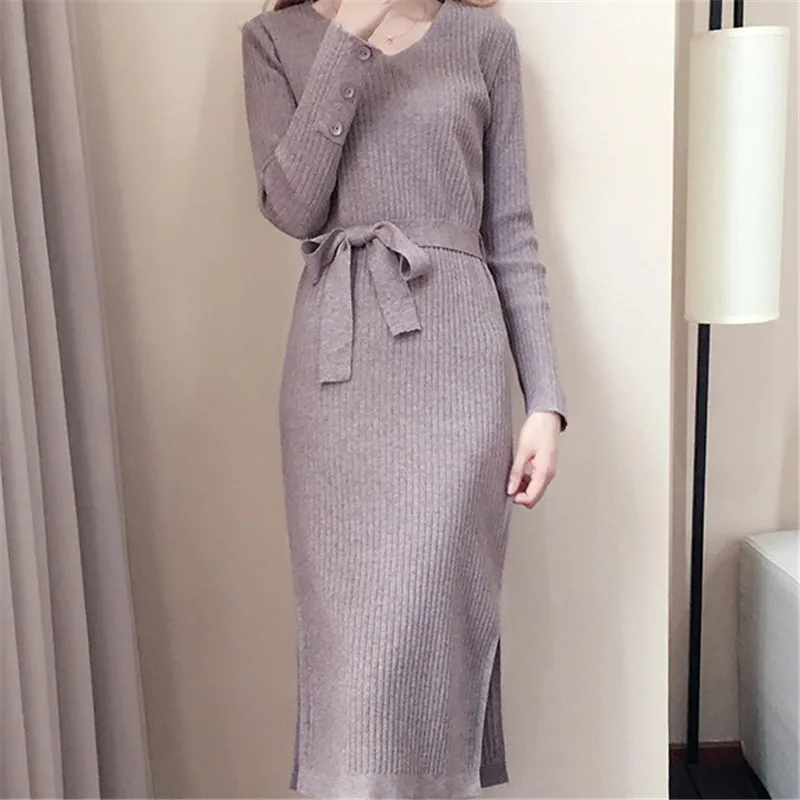 Модное корейское платье-свитер женские свитера с v-образным вырезом платья