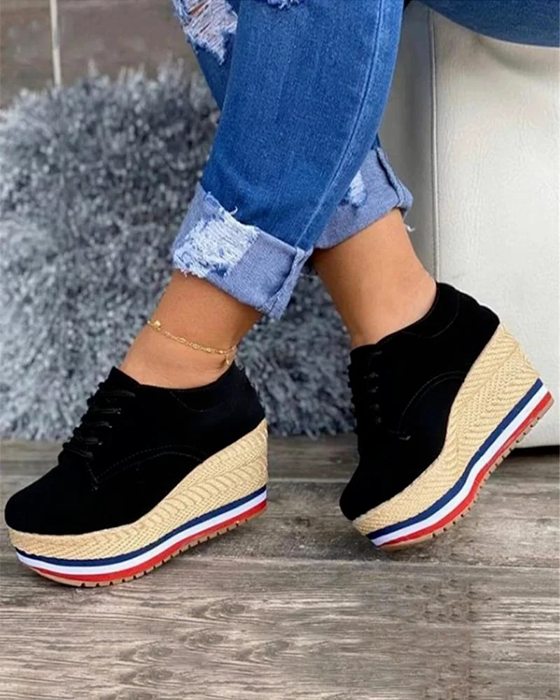 

New Flock Heightening Shoes High Heels Ladies Casual Black Women Sneakers Casual Linen Platform Shoes Lace-up High-top Sneakers