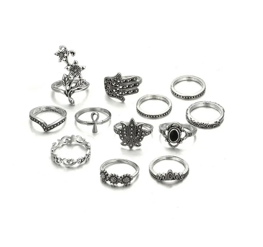 Комплект женских колец средней длины в стиле бохо винтажные кольца серебряного цвета с большим цветком