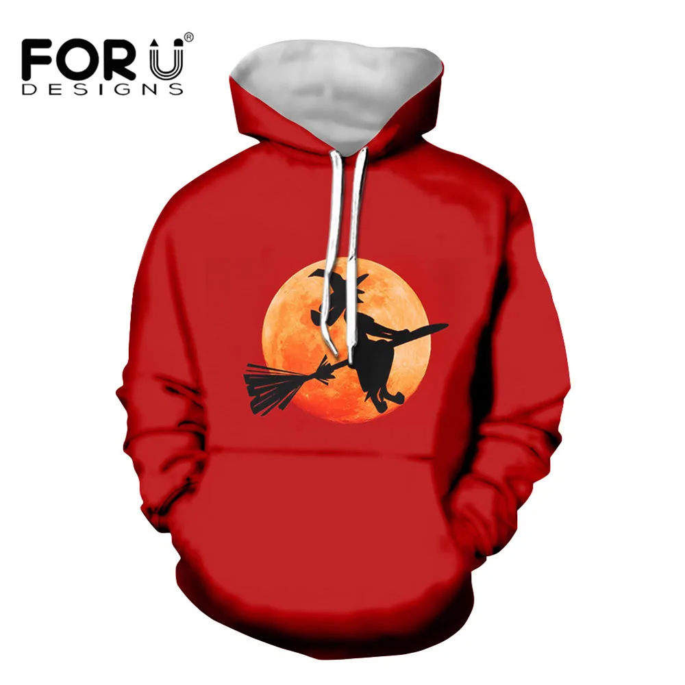 

FORUDESIGNS Halloween witch night Men Red Hoodies High Quality Gifts Top Cotton Classic Style Sweatshirts Crewneck Pullovers