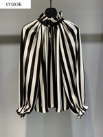2021 new women fashion long sleeved sexy stand collar vertical striped shirt