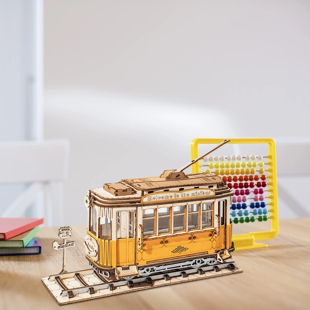 

DIY Movable 3D Wooden Tram Puzzle Game Jigsaw Board Set Assembly Kit Educational Toy for Adults Kid