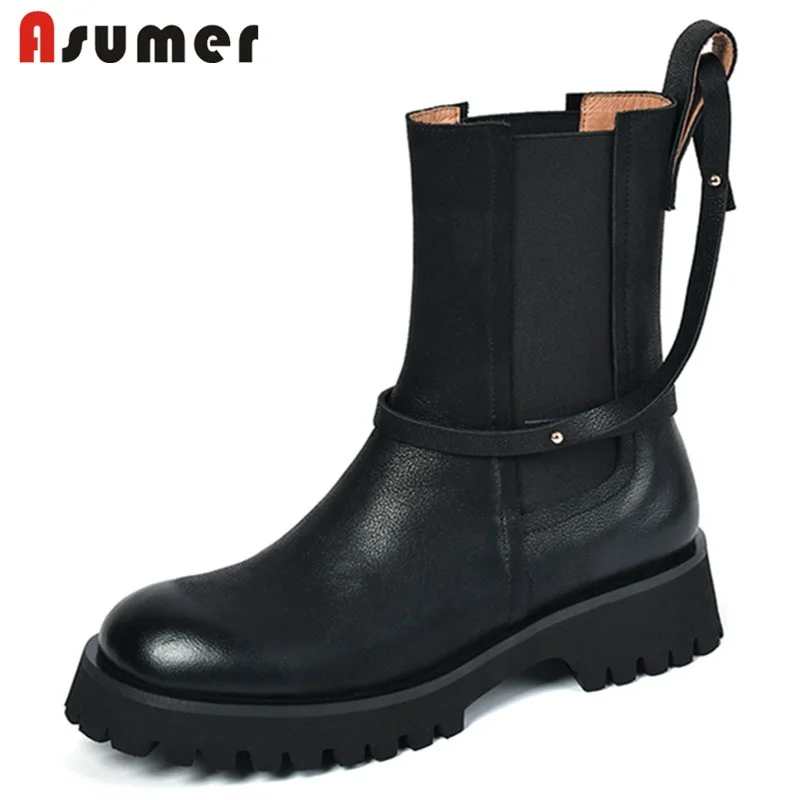 

Женские ботинки из воловьей кожи Asumer, с эластичным ремешком, на платформе, с пряжкой, Повседневная Удобная зимняя обувь, 2022