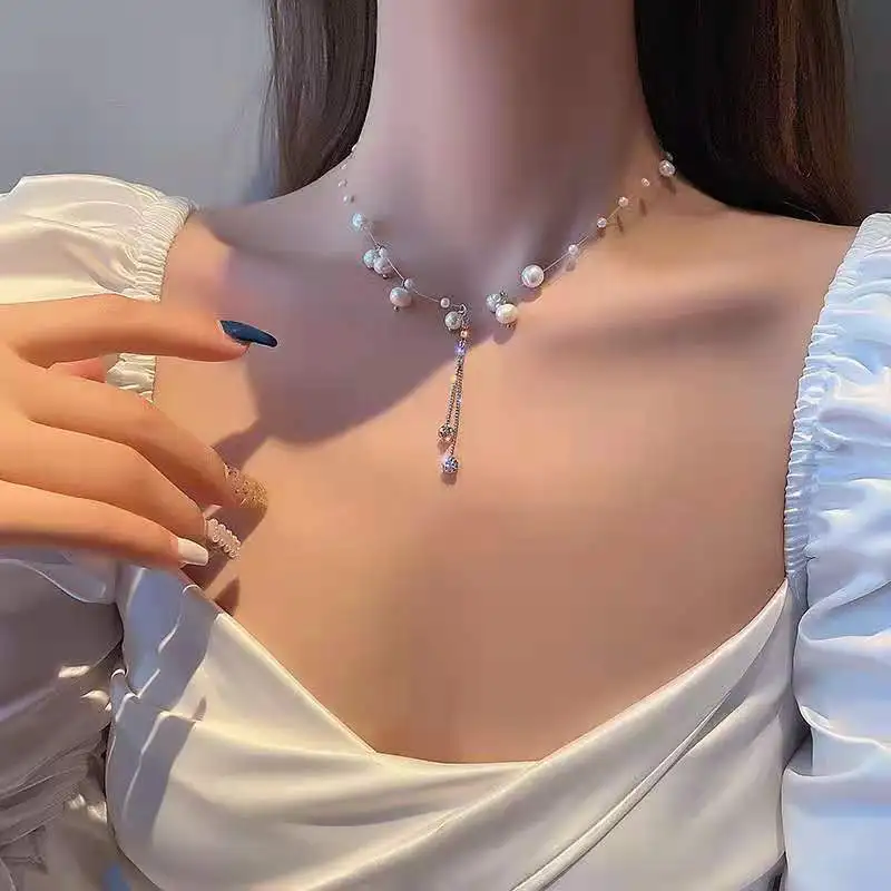 

Stainless Steel Jewelry Necklace Lady Pendant Necklace Korean Fashion Tassel Imitation Pearl Temperament Pendant Clavicle Chain