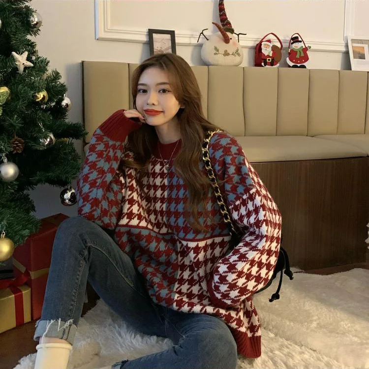 

Women's Winter Fall Knit Sweaters Oversized Loose Fit Crew Neck Long Sleeves Pullover Knitwear Jumper Plaid Pattern Outwear
